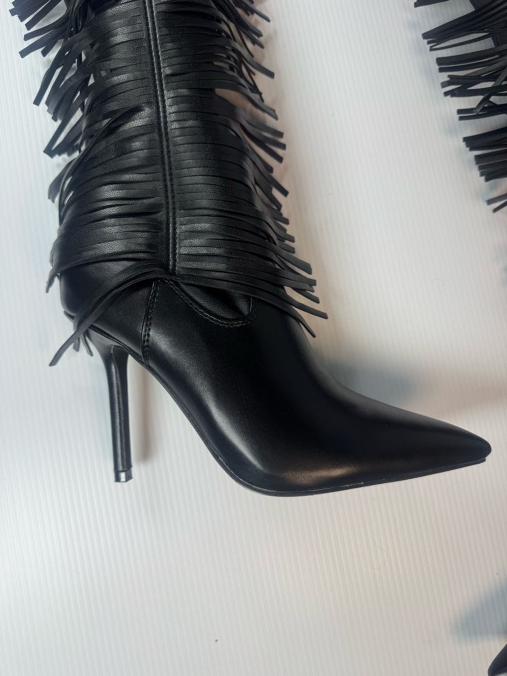 Azalea Wang Katrice Black Fringe Thigh High Boots Stiletto  Sizes 6.5 thru 11 - Picture 2 of 5